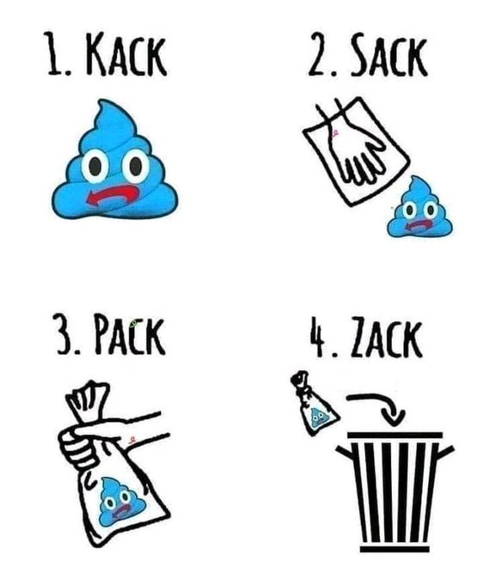 1. Kack (blauer AfD-Kackhaufen)
2. Sack
3. Pack
4. Zack (Kackhaufen in Mülltonne