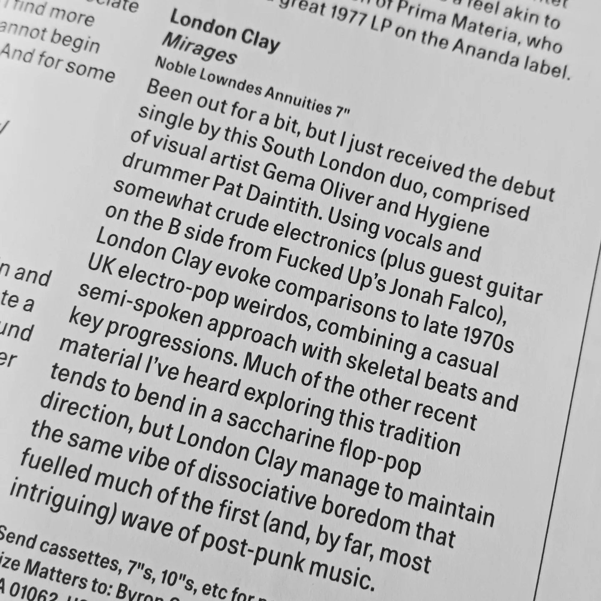 Review of the London Clay 7" by Byron Coley in The Wire