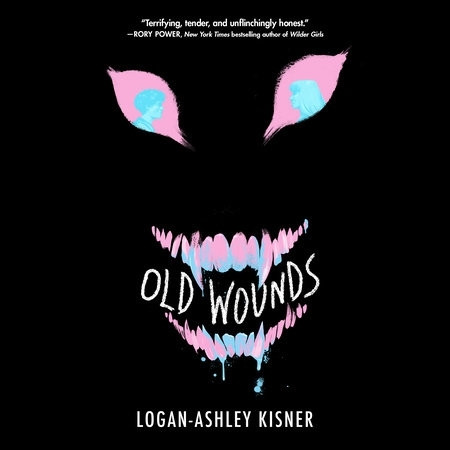 A chef kiss of a horror book cover featuring a minimalist creepy face in trans flag colors with two characters in the creature's eyes in profile.