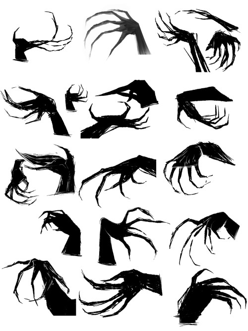 Originally posted on Tumblr in May 2015. Created as vent art with studies of clawed hands using black/grey/white values in different angles. 20 hands in different poses and angles are featured in this piece. The background is entire white.