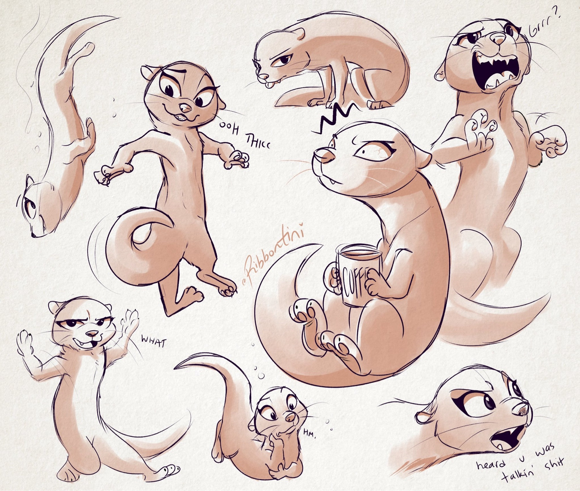 a collection of multiple shaded sketches of river otter character exploration!