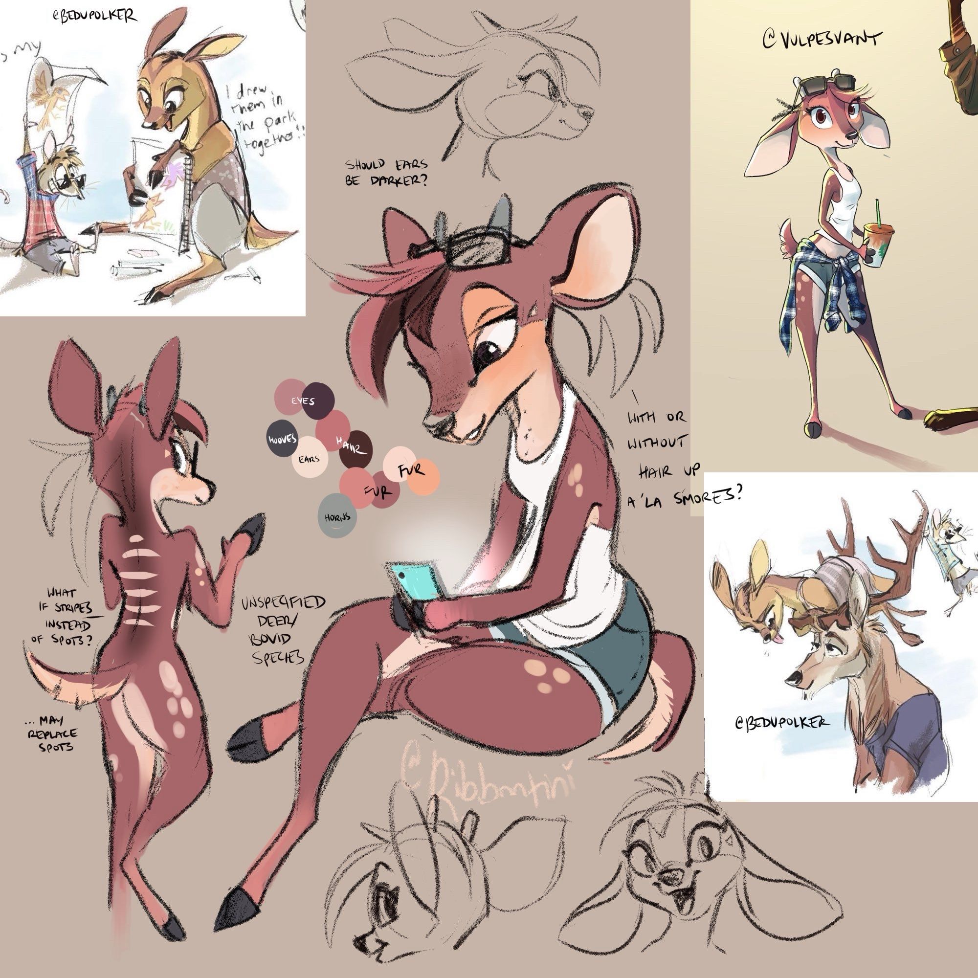 various sketches and design element exploration of a doe character, including what sort of markings or hair style she could have, her color palette, and just written thoughts out loud. fun deer designs that our friend Jack (bedupolker) made of us in college as well as a pudu/deer character my partner Vant made for me were also used as inspiration and are included:

top left: Jack’s rat character wearing sunglasses holding a drawing of a yellow bird above his head, and me as a deer sharing my drawing of his yellow bird and my pink bird as well.
top right: Vant’s design of a pudu/deer character for me.
bottom right: Jack’s drawing of me and Vant as deer, with us on top of Vant’s head - I’m looking down and sticking my tongue out at him and Jack is holding onto Vant’s antlers!