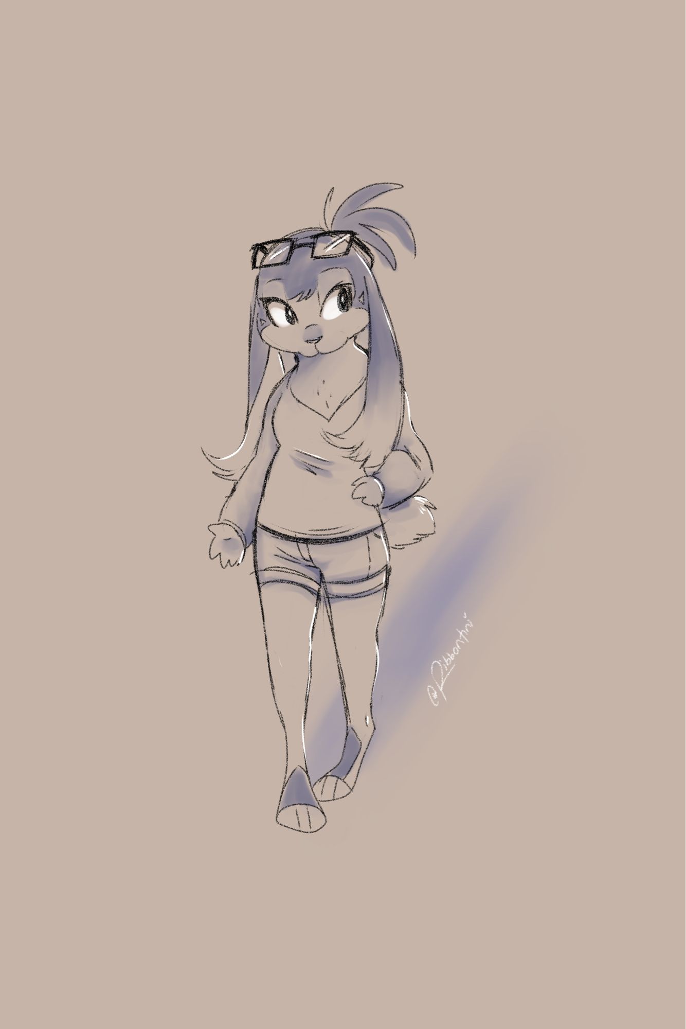 a shaded sketch of my s’mores bunny character in shorts and a baggy top with her glasses on her forehead.