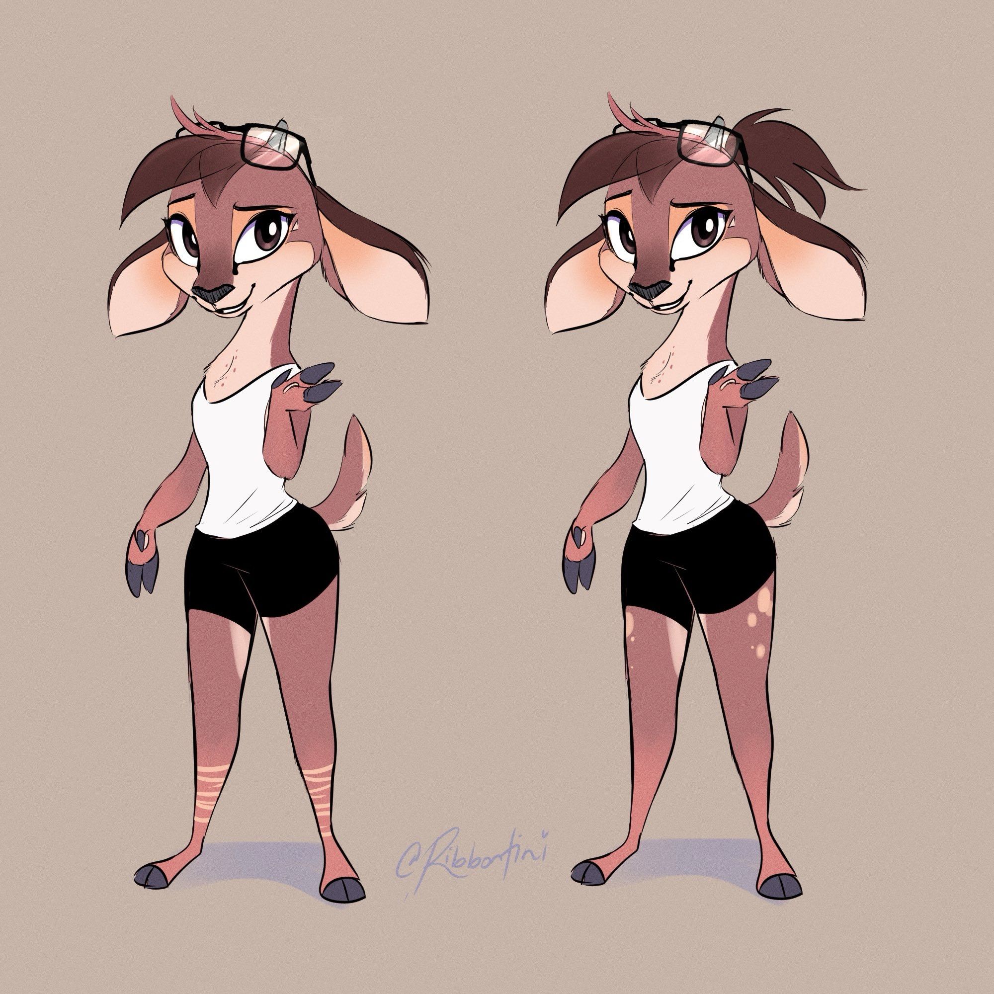 two more exploration drawings of my doe character. the drawings are nearly identical with the only differences being having just a hair tuft and ankle stripes on the left, and having a hair tuft and ponytail as well as deer spots on her thighs on the right.