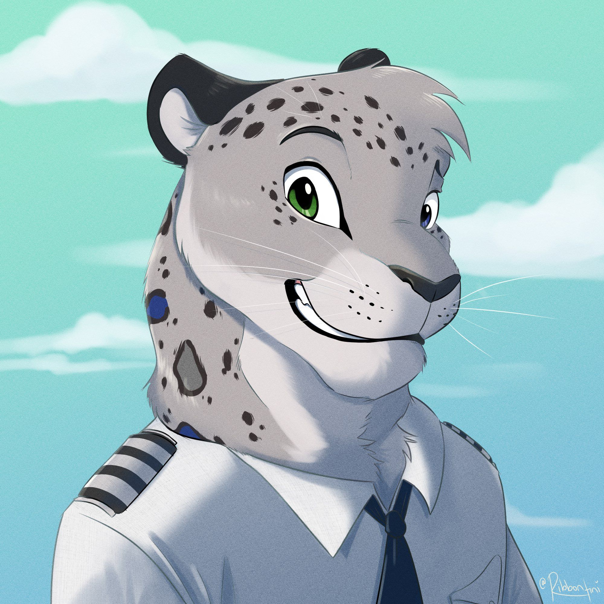 a drawing of a snow leopard character in a pilot shirt uniform, including a tie. they are grinning at the viewer with a sky background, complete with puffy clouds.