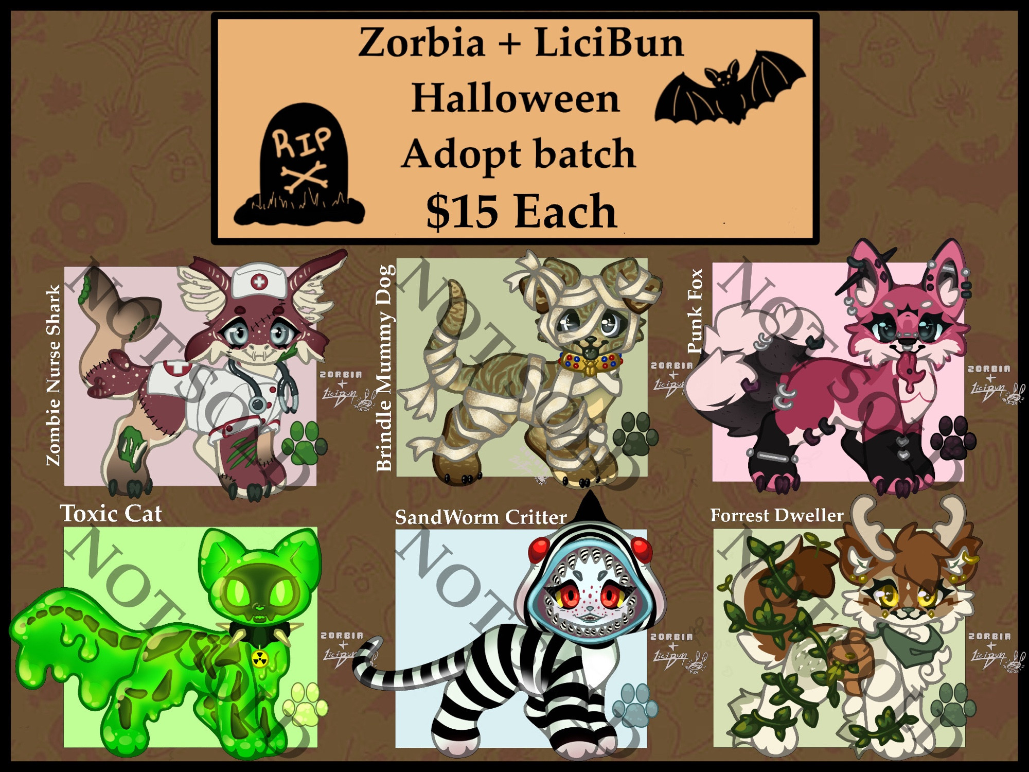 A sheet of 6 adoptable designs on sale for $15 each.
In order there is a zombie nurse shark that’s brown and red with green zombie bits and a nurse outfit. A brindle dog in loose mummy wraps and a large golden collar. A pink and black pink fox with 3 tails and lots of peircings. A toxic green glowing slime cat, with black bones slightly visible, wearing a spikey collar with a toxic symbol tag. A critter in a sand worm inside (from beetle juice). And finally a fluffy cat? With antlers, wrapped in leafy vines, it’s colors are green and brown