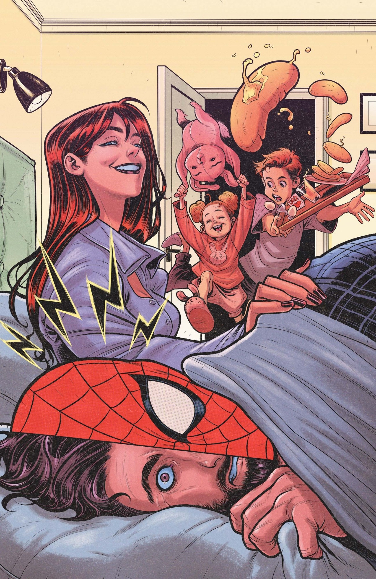 Virgin variant cover for Ultimate Spider-Man (2024) #4. Art features Peter Parker's Spider Sense waking him up as his kids burst into his bedroom, shouting and spilling food. His wife Mary Jane looks on, smiling.