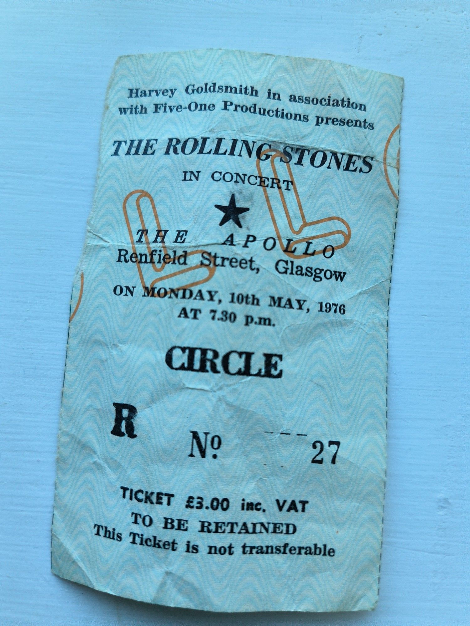 Ticket stub for a Rolling Stones concert in Glasgow , May 1976.