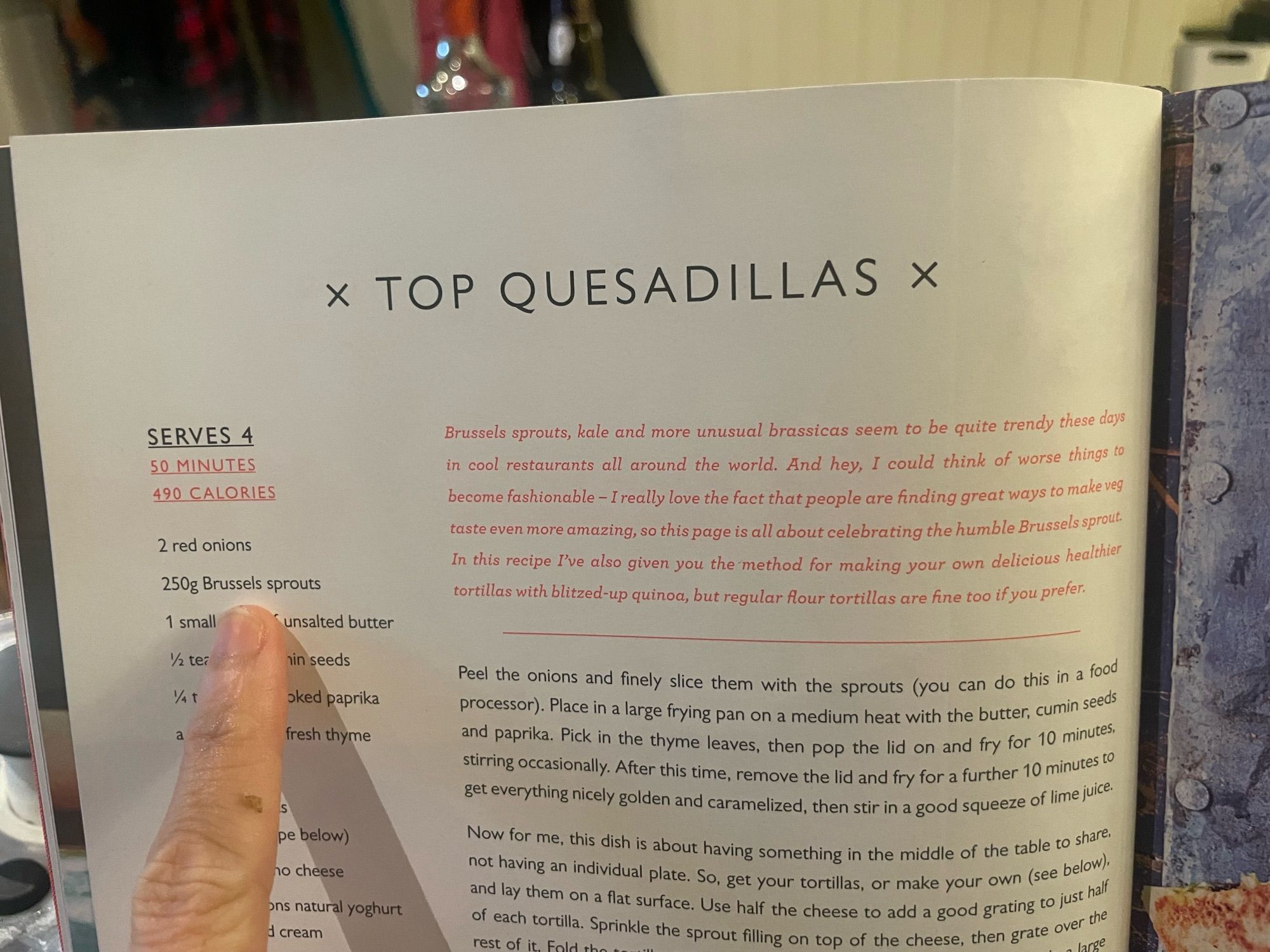 Picture of a recipe cook book that recommends adding Brussels sprouts to quesadillas