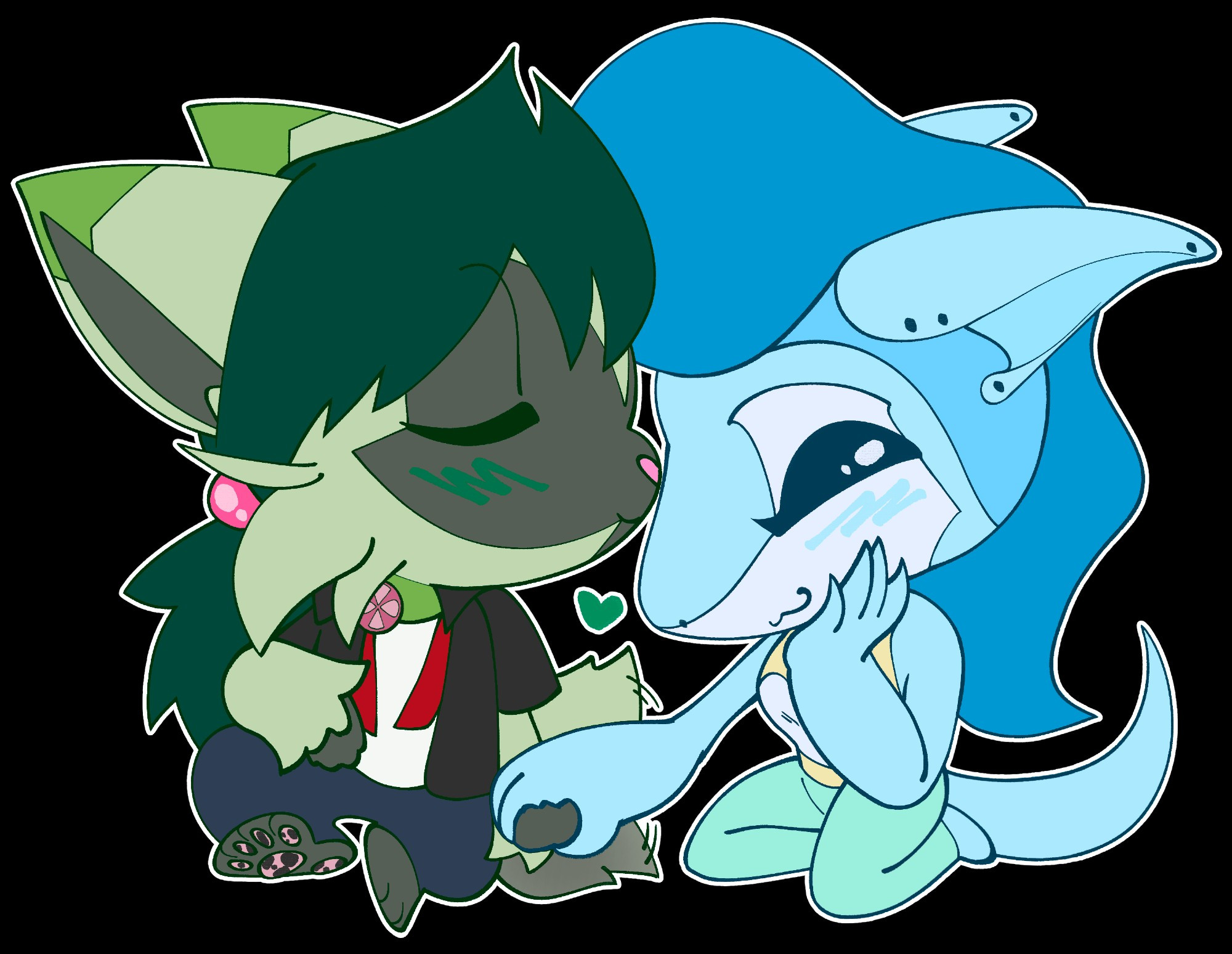 digital drawing of two chibi OCs, a Floragato and Alolan Sandslash, sitting together and holding hands, the Floragato giving the Sandslash a kiss on the nose with the Sandslash smiling happily