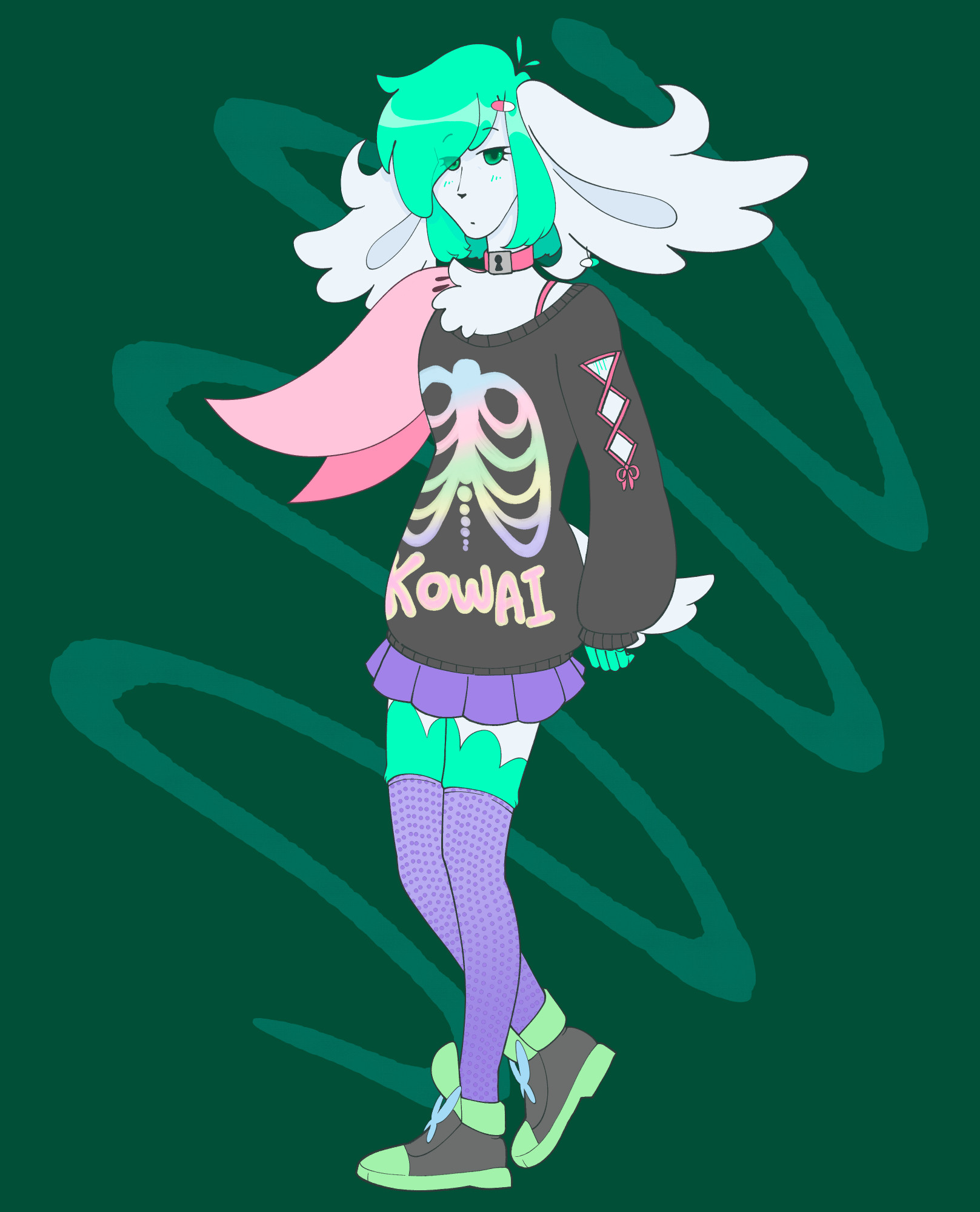 digital drawing of an anthro Shaymin Sky Forme character wearing a fashionable collar, an oversized black sweatshirt, short purple skirt, purple thigh-high socks, and black shoes, mid stride, looking at the viewer with a calm, interested expression