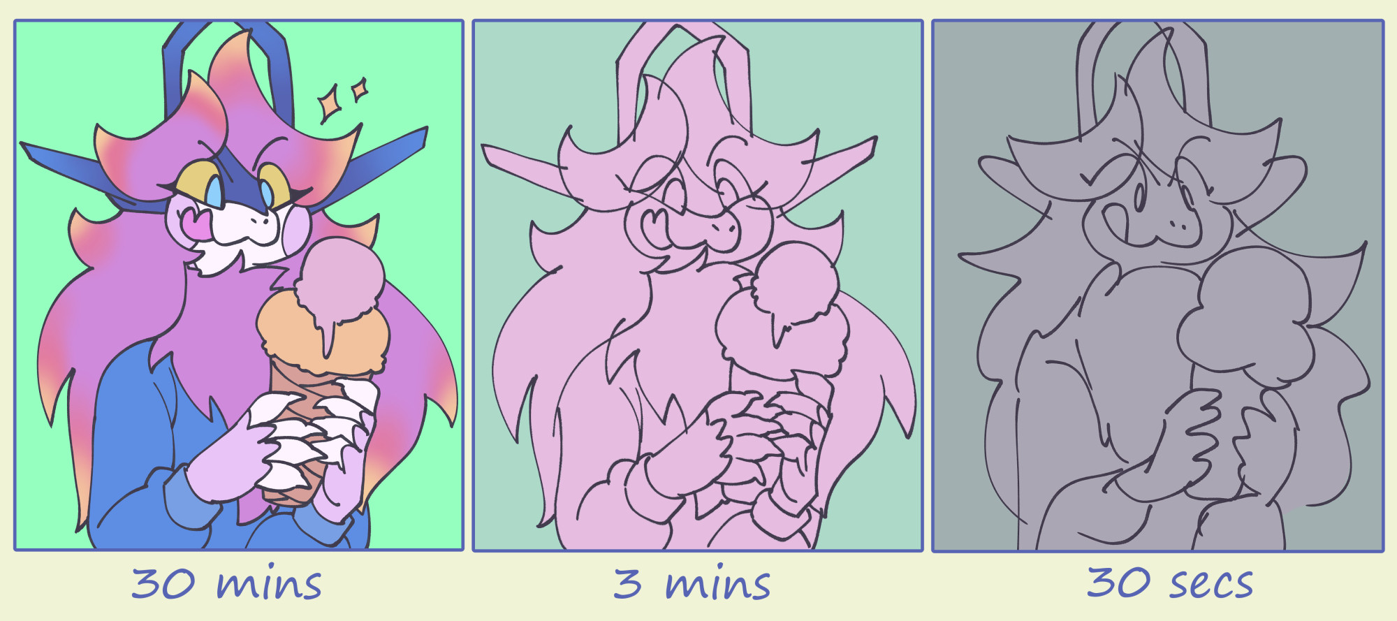 a timed art challenge where an image is drawn in 30 minutes, 3 minutes, and 30 seconds respectively. the image is of an OC excited to eat some ice cream