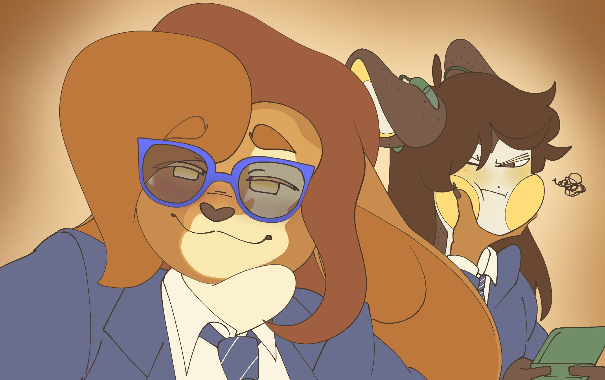 digital drawing of two furries taking a selfie, one smiling into the camera and holding the other by the face, the other looking annoyed at their face being squished