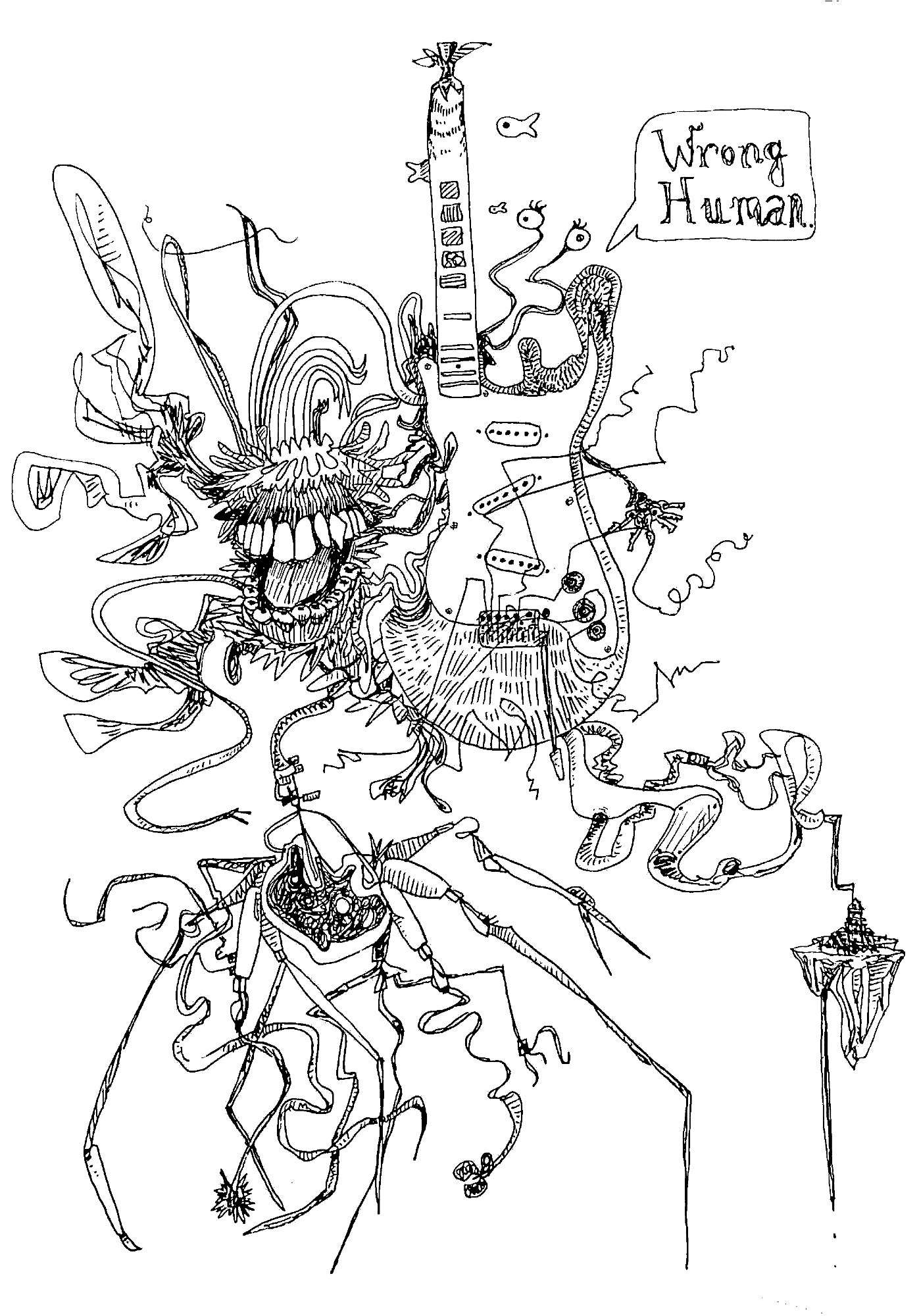 text bubble says "wrong human"; an alien atomizing a human, turning it into a guitar, teeth, lightbulbs, wires, cords, shredding it & morphing it