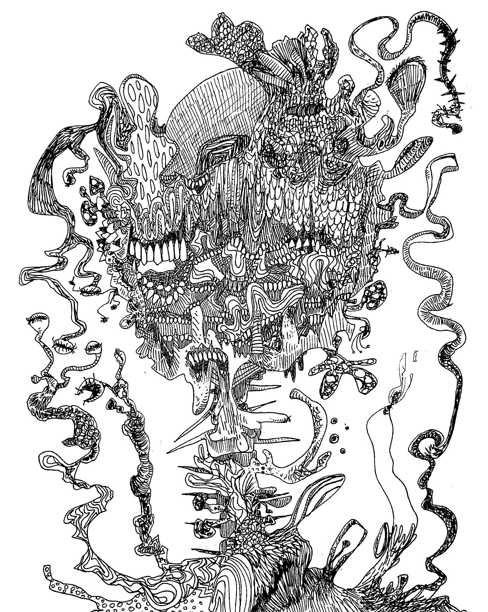 skull xenomorph spine candle teeth melting macabre surreal abstract vines thorns mushrooms shapes bubbles poison lines