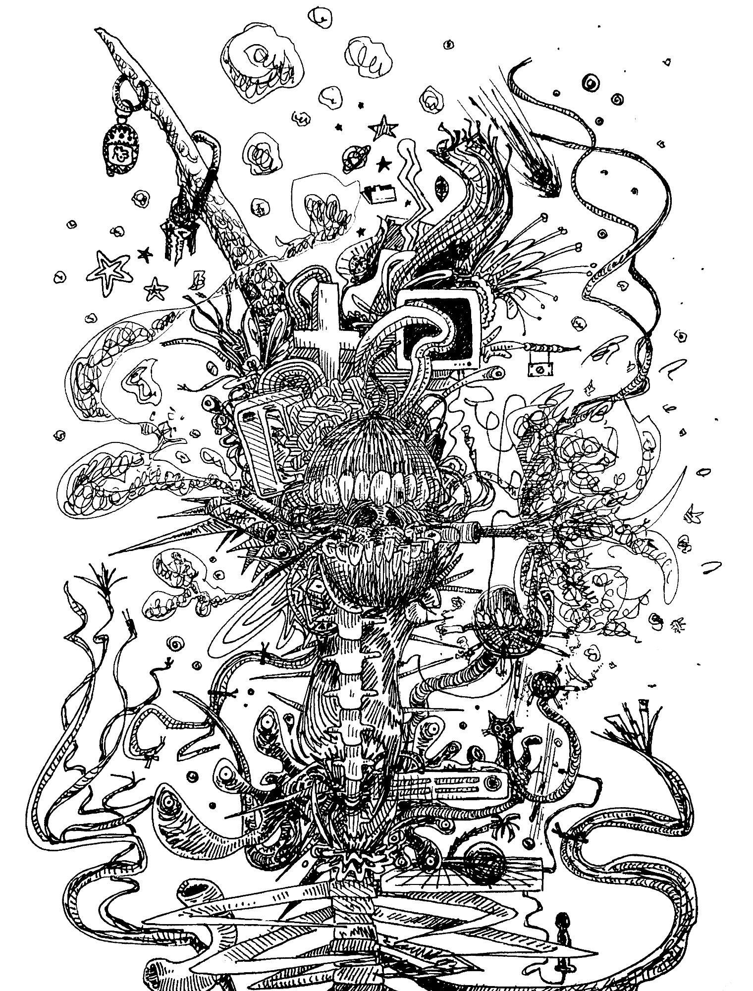 teeth and little teeth and skeletal structures with frayed wires and cord smoking many cigarettes, exhaling smoke and fire with computer monitors, a cross, batteries, tamagotchi and keys on a horn, a meteor, gasses, flowers, cats, a palm tree, a vibrator, eyeballs, icons, a ribcage, and electronics