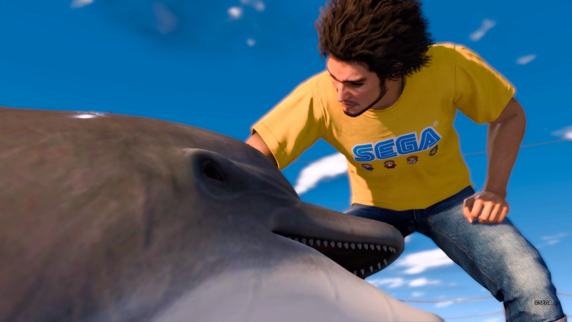 Kasuga petting a dolphin