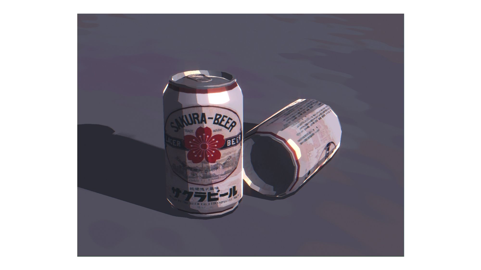 3d model of 2 cans of Japanese beer textured to look like a 2d painting.