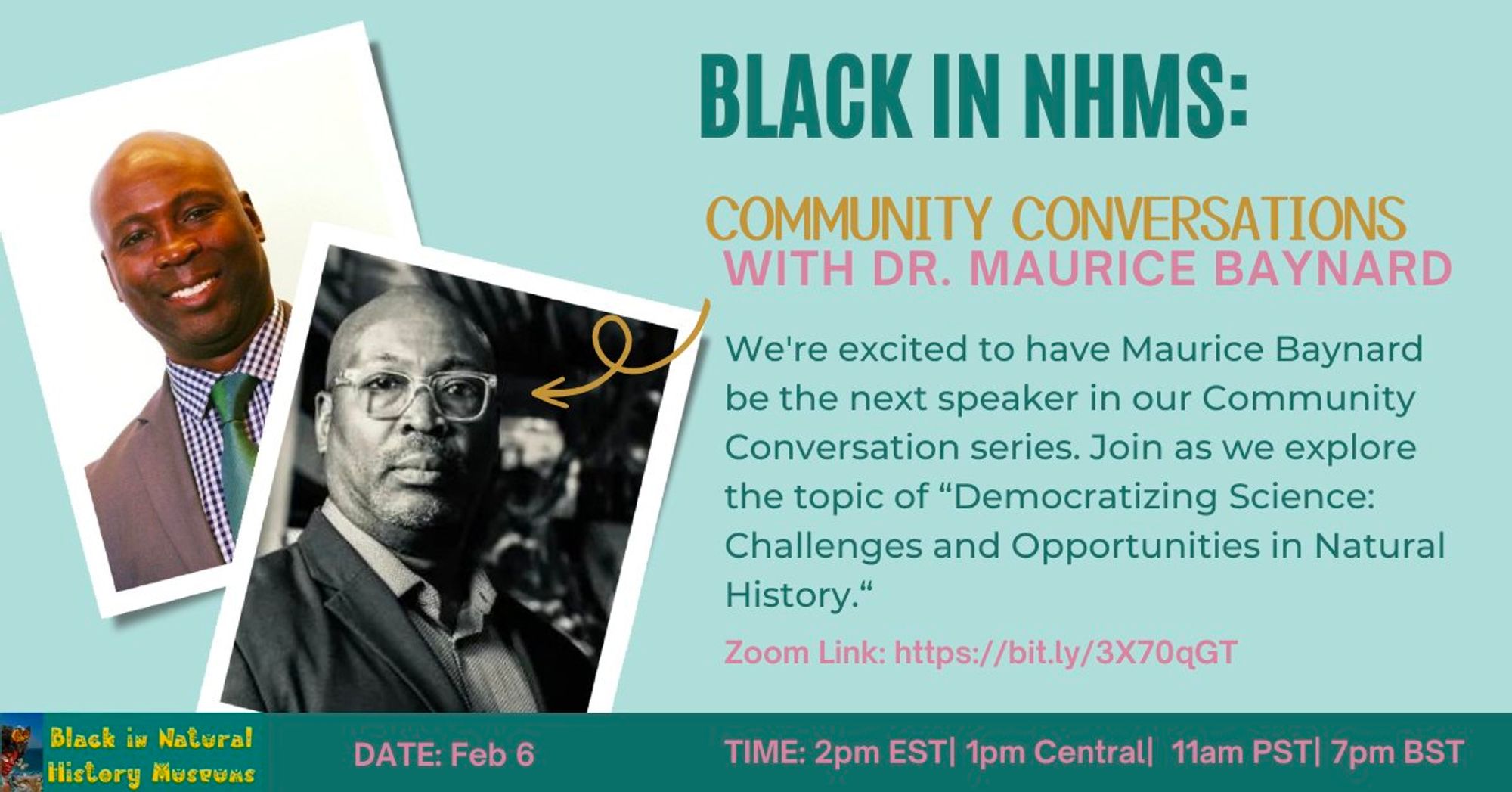 The flyer for an online presentation on democratizing science by Dr. Maurice Baynard, Vice President of the Community Learning Division at The Academy of Natural Sciences of Drexel University.