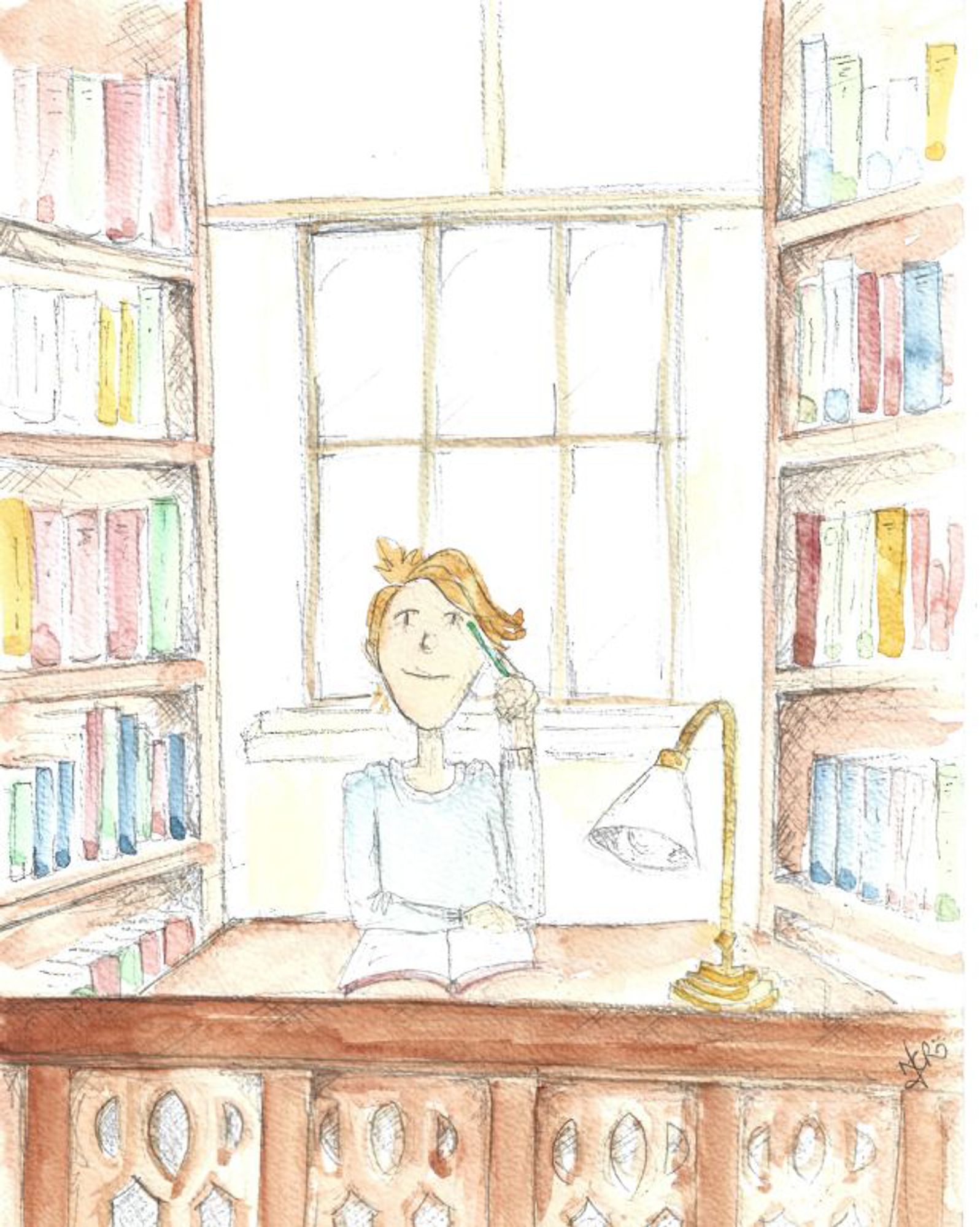 A characterful illustration showing a woman sitting at a desk in a bay between two bookshelves. A bannister in front of her suggests she is on the upper gallery. There is a lamp beside her and she is tapping her head with a pen. The image is coloured with brown, blue, pink, yellow and green watercolours. 