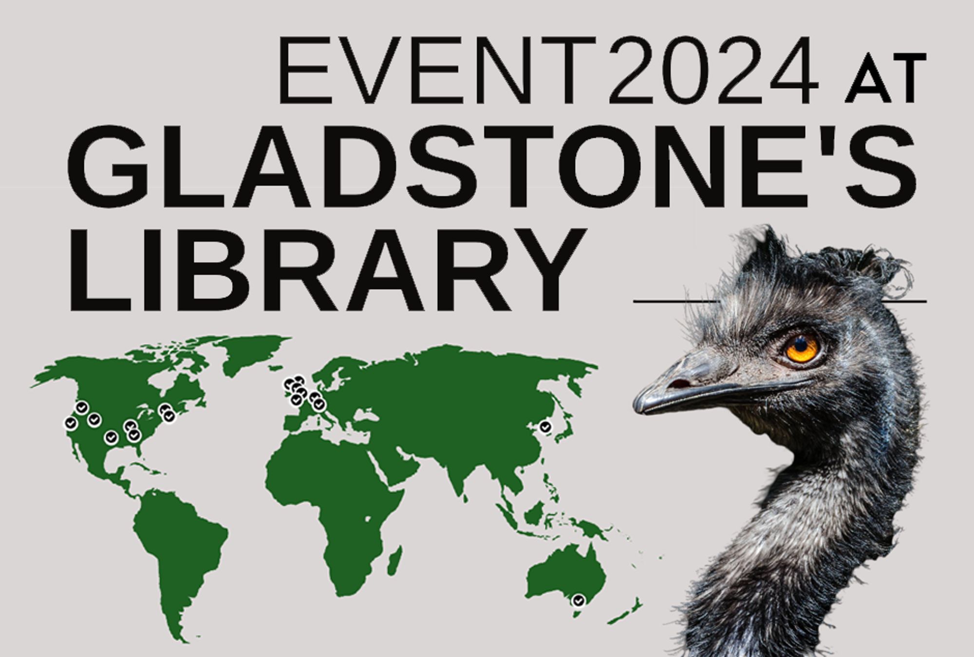 A graphic showing an emu (flightless bird) next to a map showing Event 2024 hubs. One of them is in north Wales. The text reads: Event 2024 at Gladstone's Library