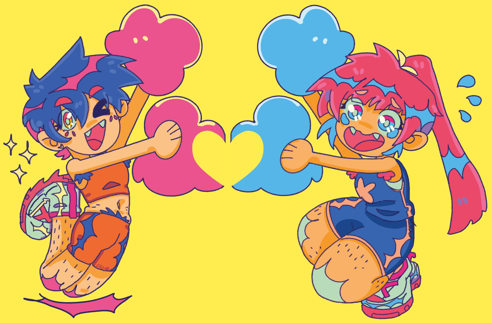 Two cheerleaders with pop colors
the one on the left is blue haired with two pink pom pom on each hands. she's jumping with a big smile showing her fangs and winking; She's Genki gal !
The one on the right is more shy, and seems to be crying. She's waving her blue pompoms too but in a panic. She's pink haired and shows her fangs too. She's Tereru gal !

Both are on a yellow flat background. Together we can see their united pompom makes a heart !