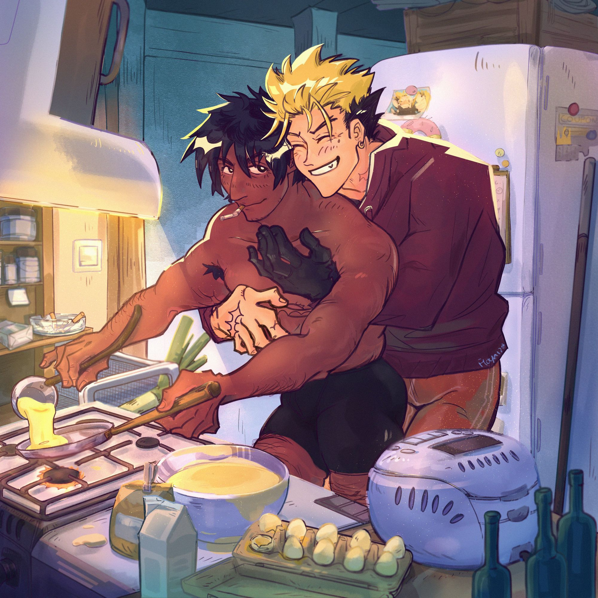 Illustration featuring Nicholas D Wolfwood and Vash the Stampede from Trigun cuddling while woowoo is cooking pancakes. suggested modern day alternative universe but we ball. the overall picture is cold blue while the characters are warm red/browns. Ww dressed only in his underwear is holding a extinguished cig in his mouth while Vash is hugging him from behind dressed with a hoodie and some sport shorts. the setting is a furnished kitchen, with a focus on the characters.