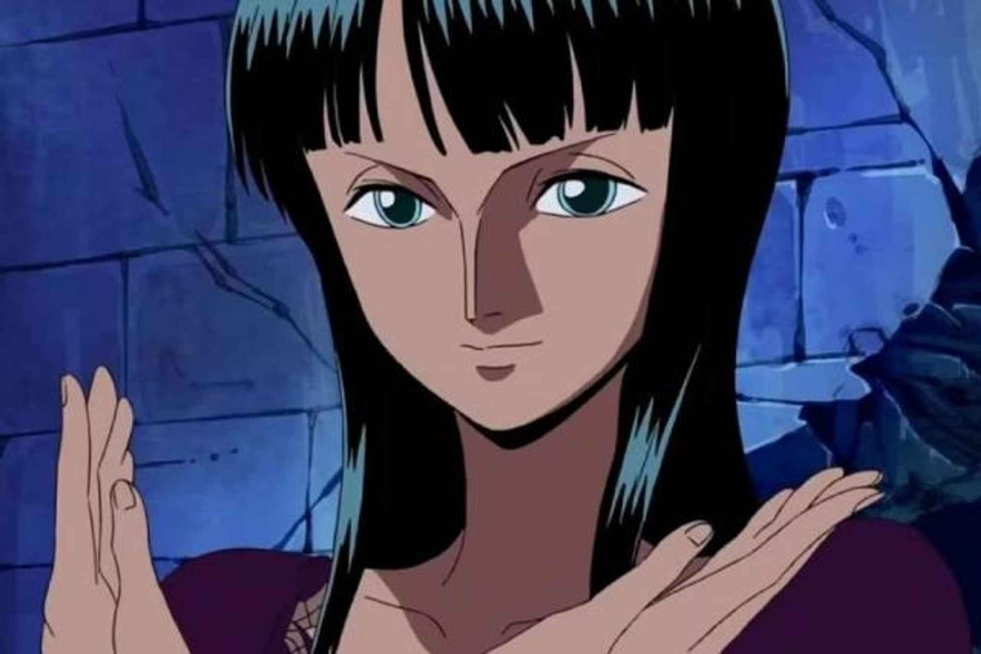 early one piece nico Robin, with prominent nose Bridge and richly melanated skin