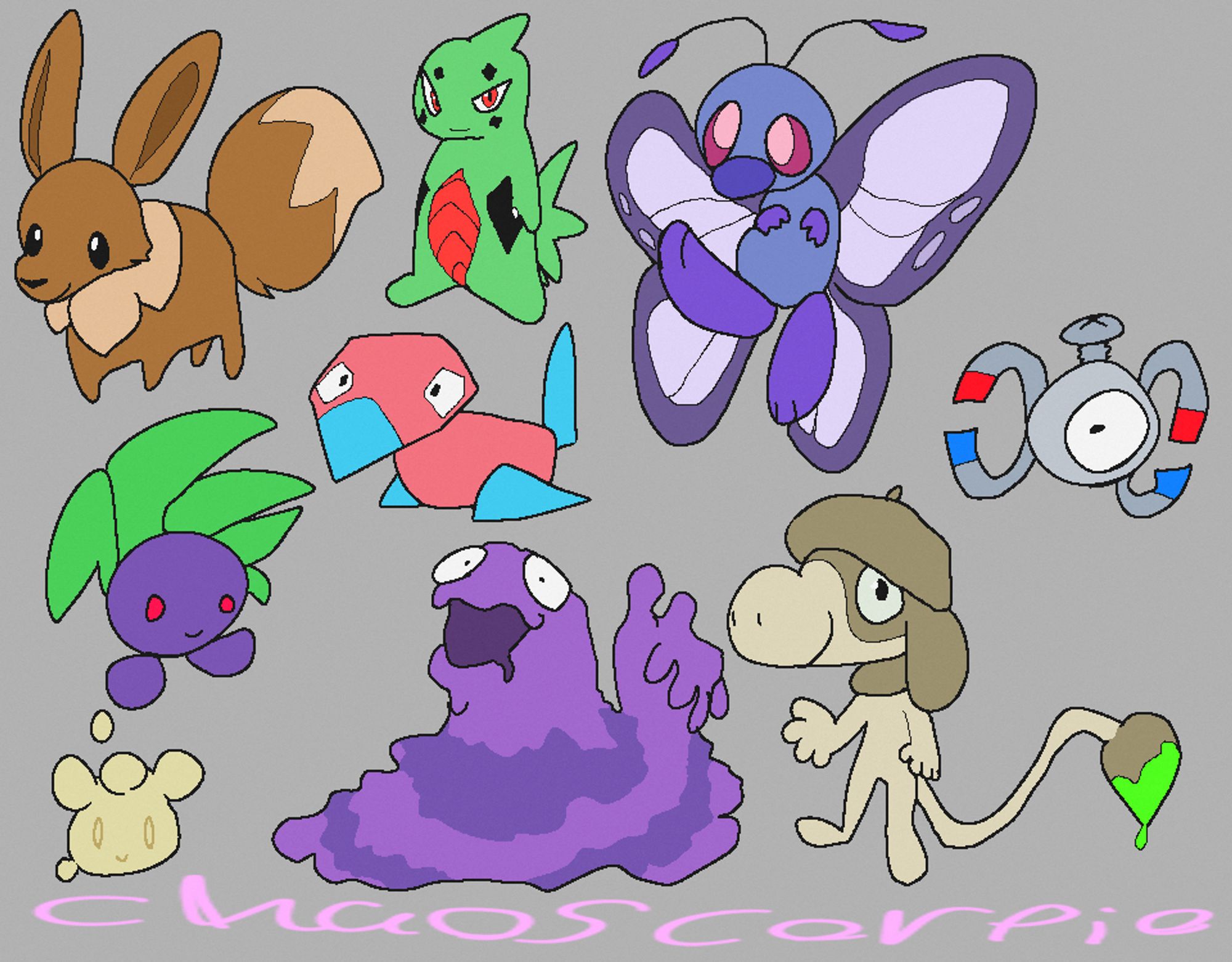 a bunch of various pokemon fanart all drawn digitally with a ms paint like pixel brush. There is an eevee, a larvitar, a butterfree, a magnemite, an oddish, a porygon, a milcery, a grimer, and finally a smeargle. All of which are draw from memory, so some details are missing or the colors aren't completely accurate.