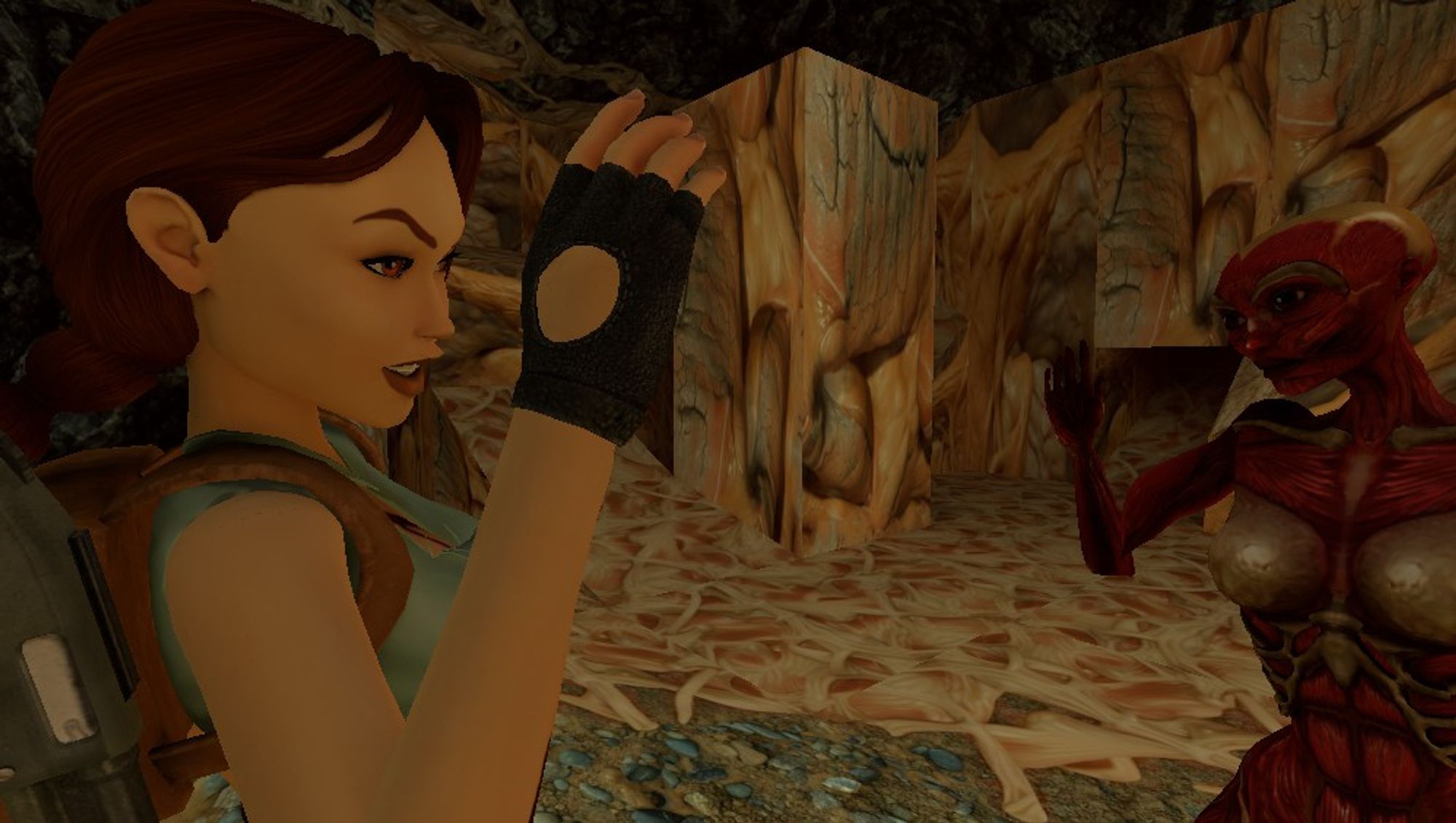 um print do jogo tomb raider I-III remastered em que a lara acena para sua doppelganger que copia a mesma pose.