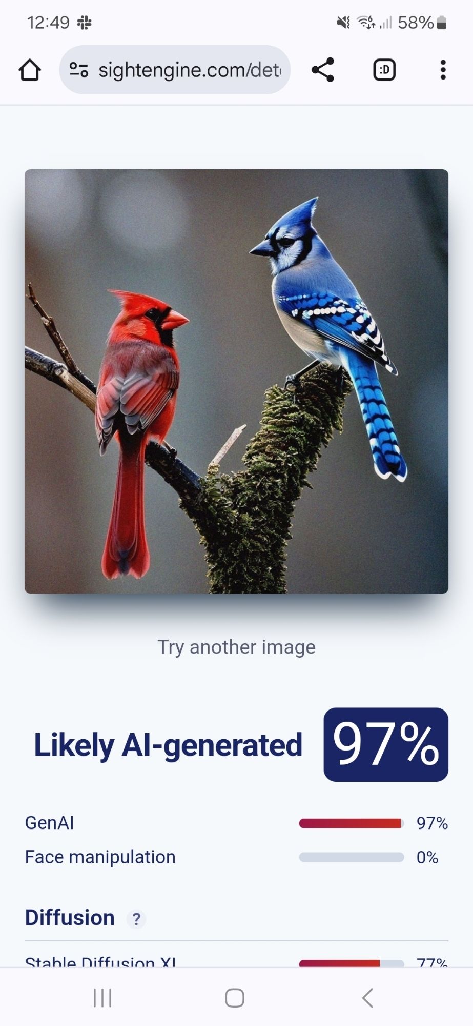 A site assessing the probability an image is ai generated, this one scores 97%