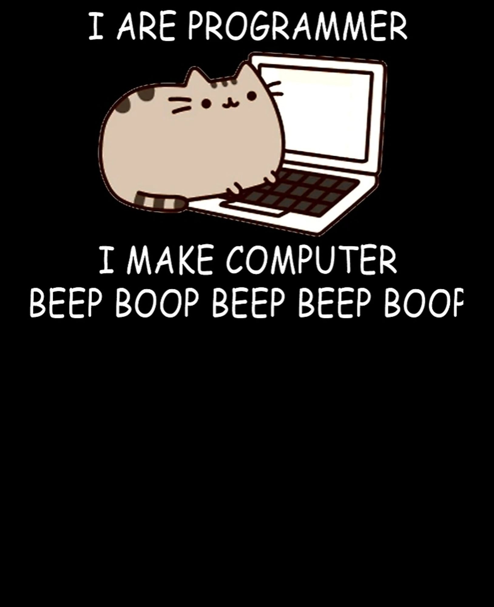 Pusheen saying "I are programmer, I make computer beep boop beep beep boop"