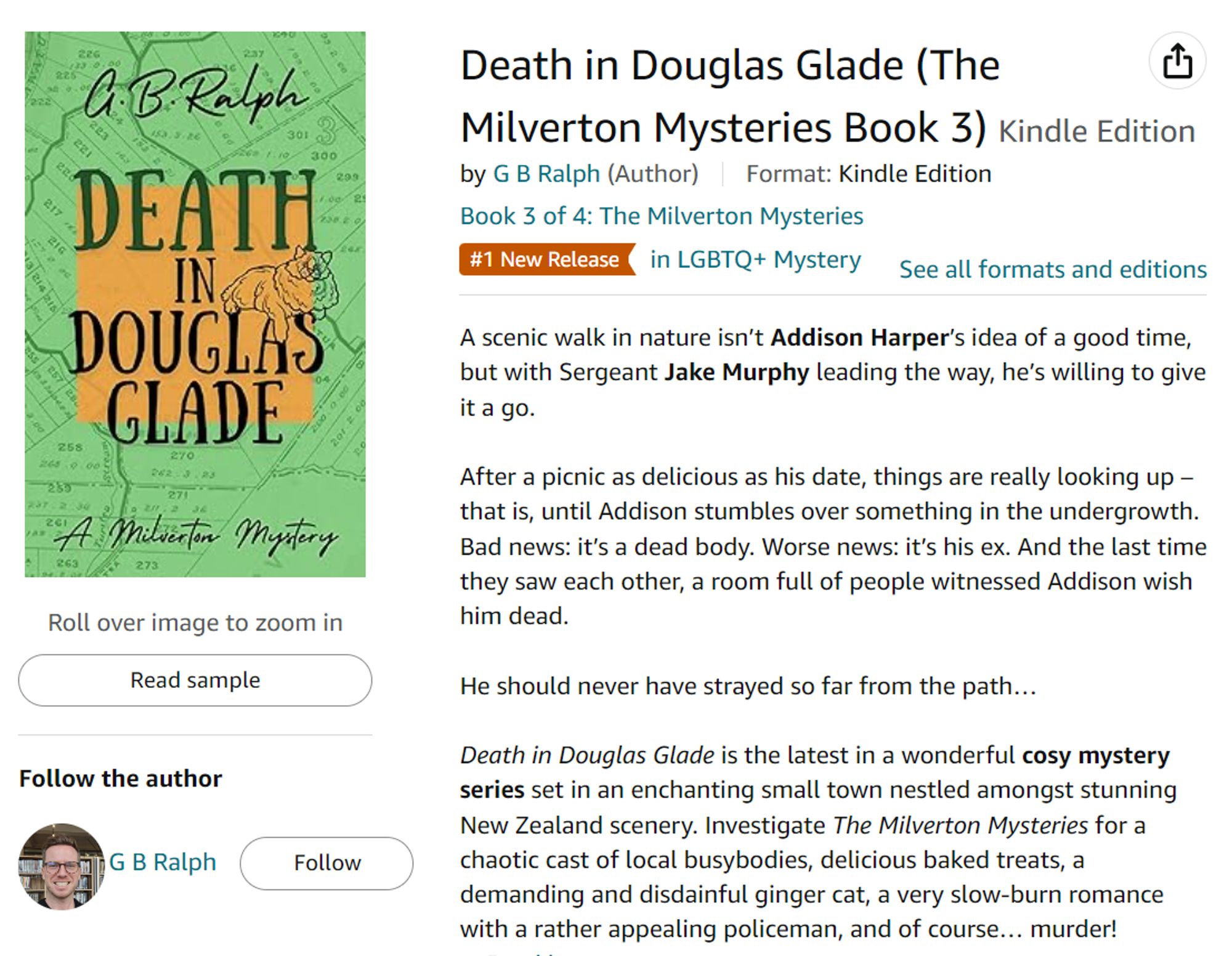 Amazon screenshot showing Death in Douglas Glade with an orange badge for Number 1 New Release in LGBTQ+ Mystery.