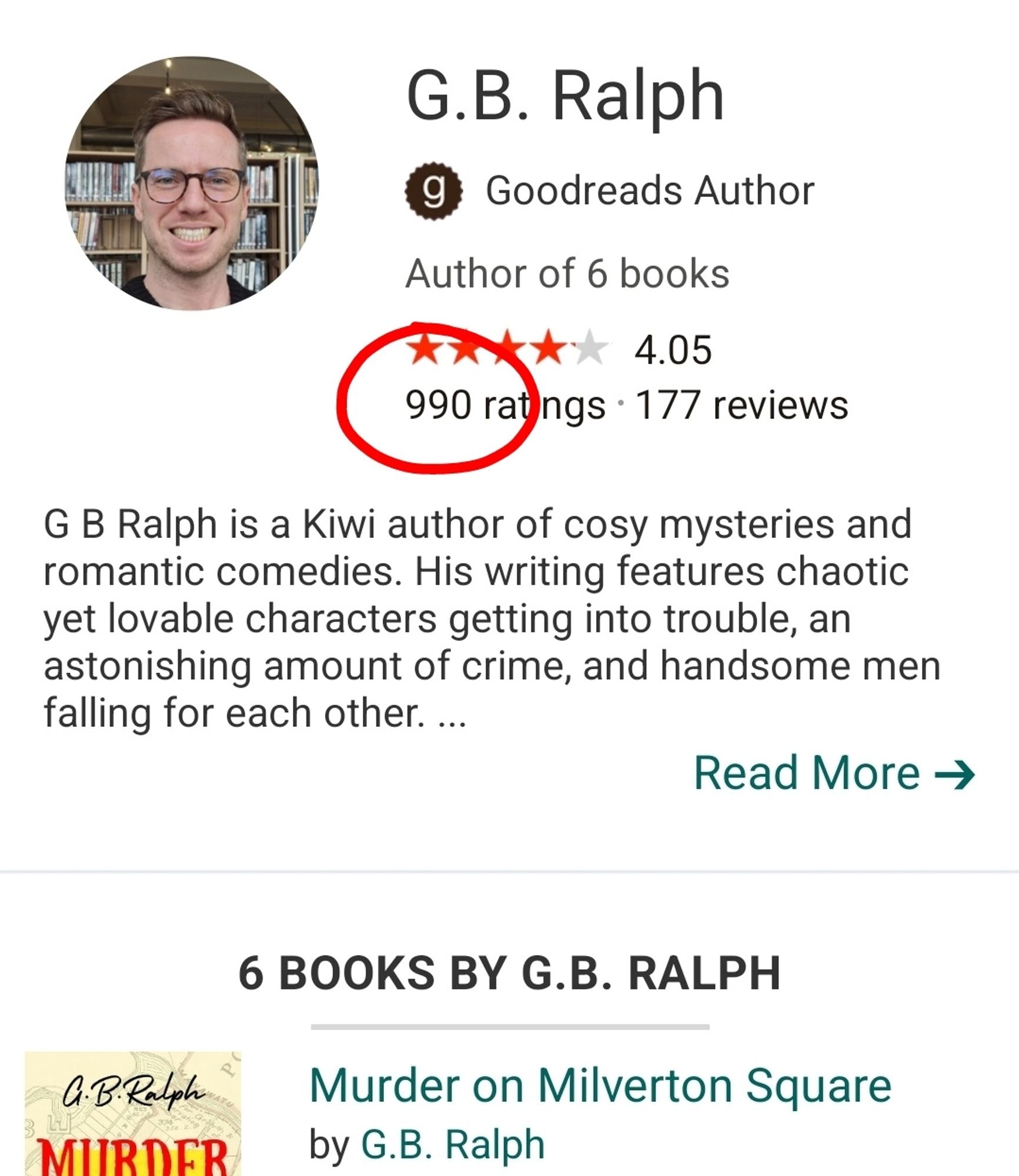 Screenshot of G B Ralph's Goodreads profile showing 990 ratings