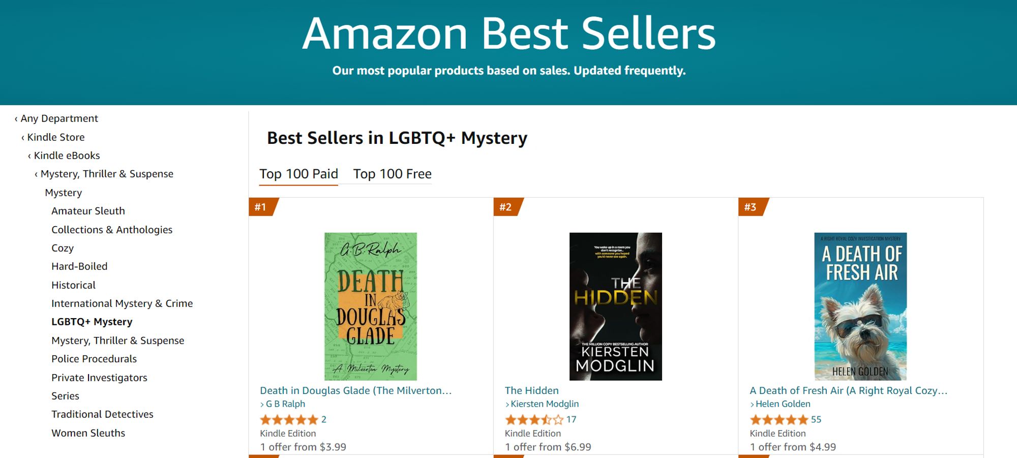 Death in Douglas Glade by G B Ralph in the number 1 position in Amazon's Best Sellers in LGBTQ+ Mystery chart