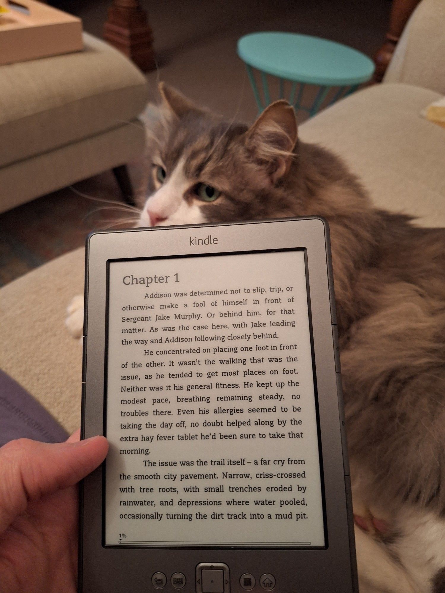 An old Kindle displaying text including Chapter 1. A cat in the background.