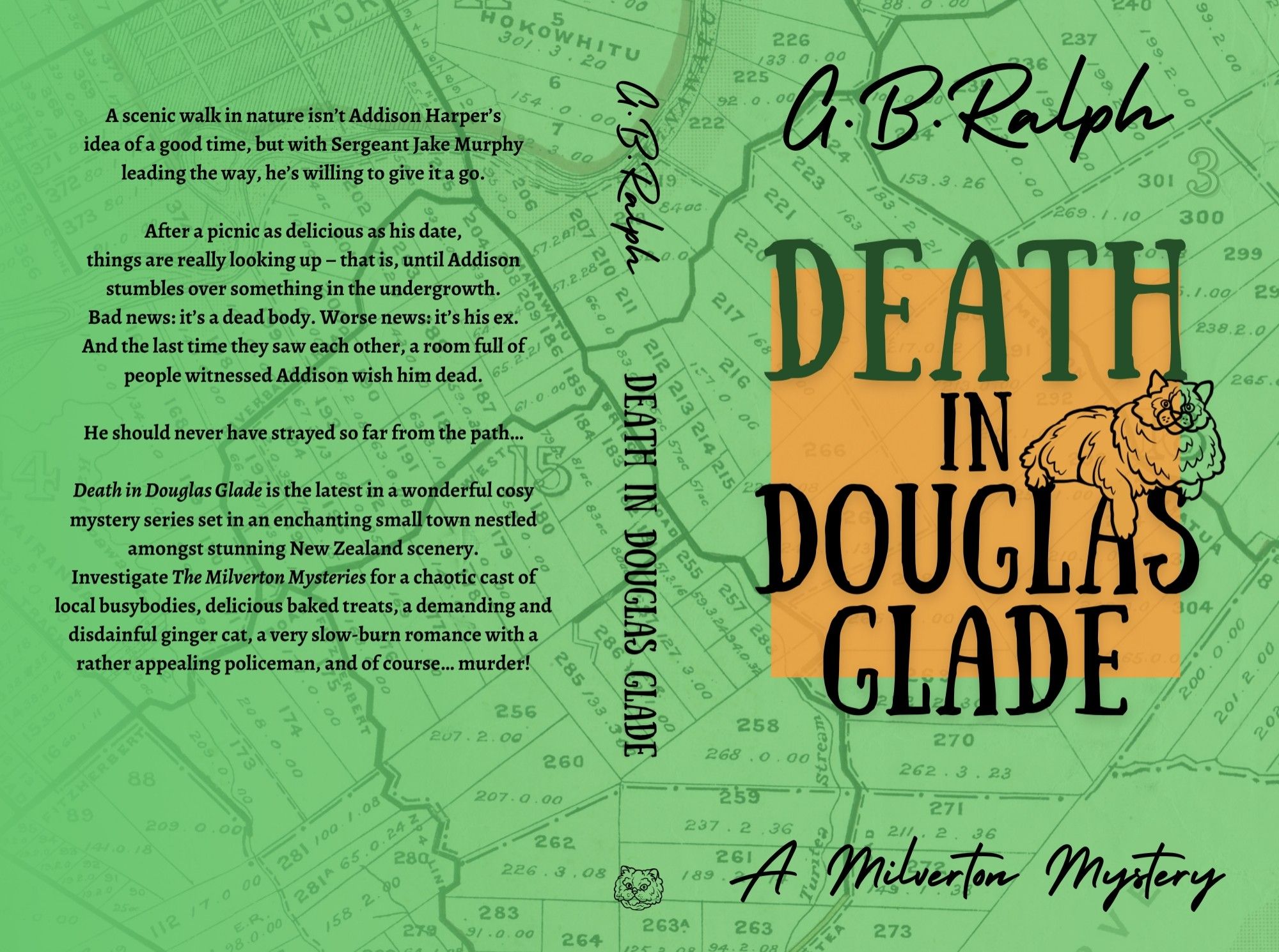 Death in Douglas Glade by G B Ralph. Cosy mystery paperback book cover design featuring a cat.