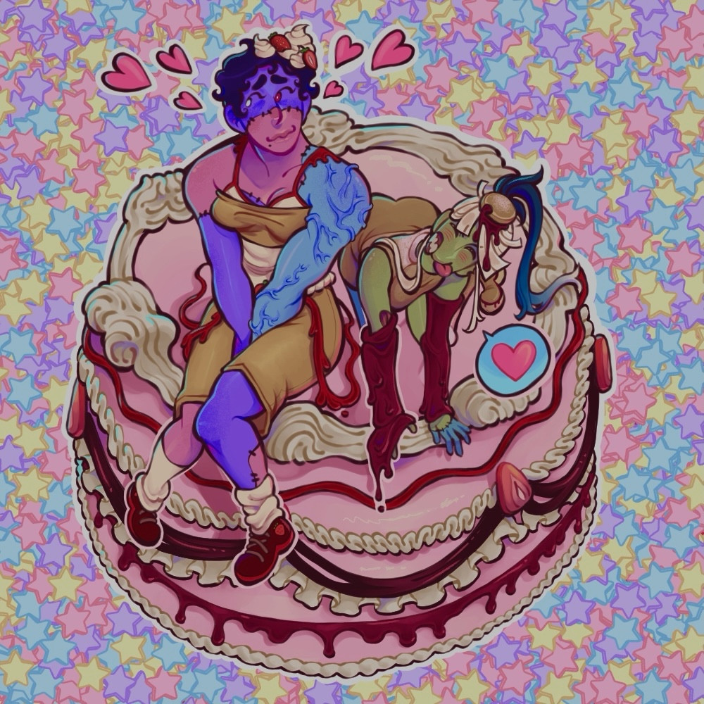 Zombie girl and Frankenstein girl wlw sitting on cake decora 