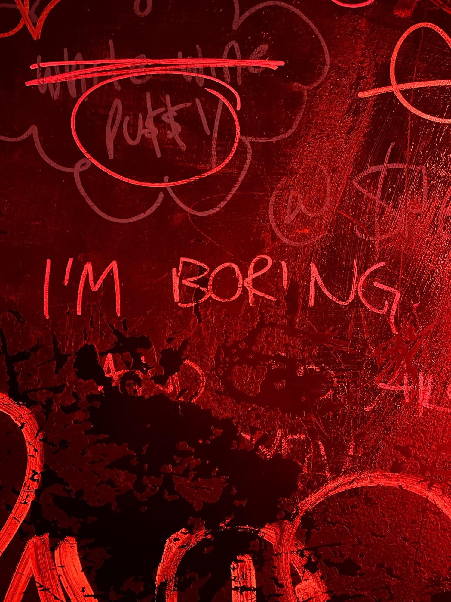 “I’m boring” scrawled on a bathroom wall in a club.