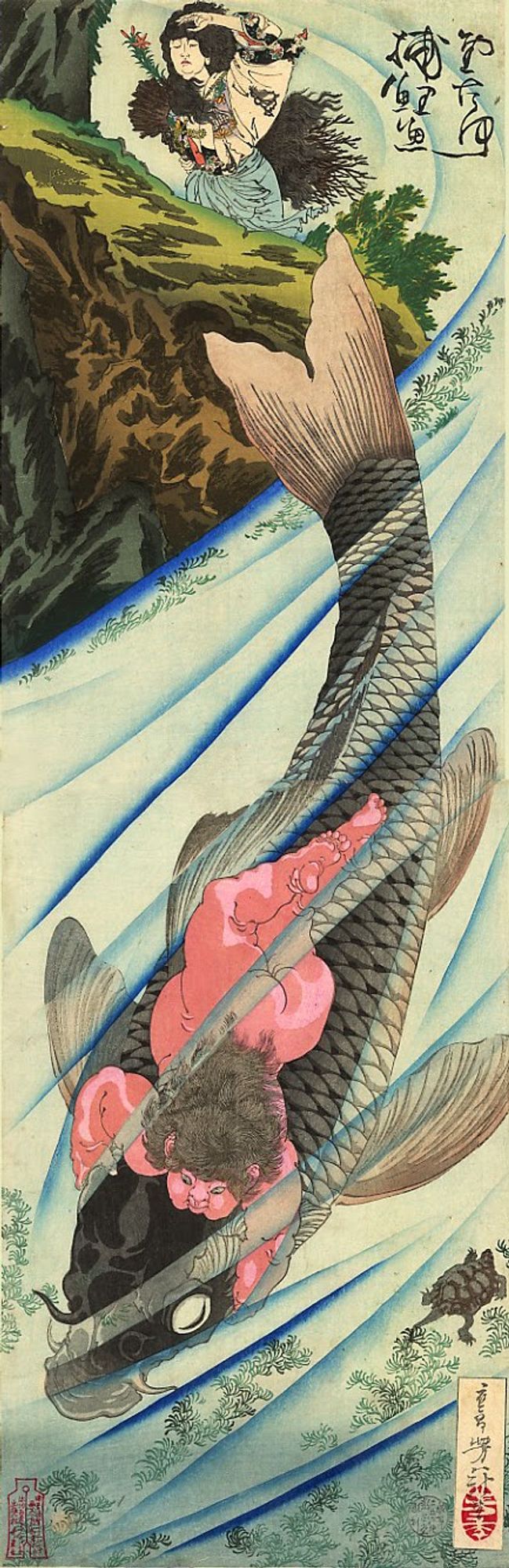 superbaby  Kintarō wrestling a giant carp or possibly koi fish