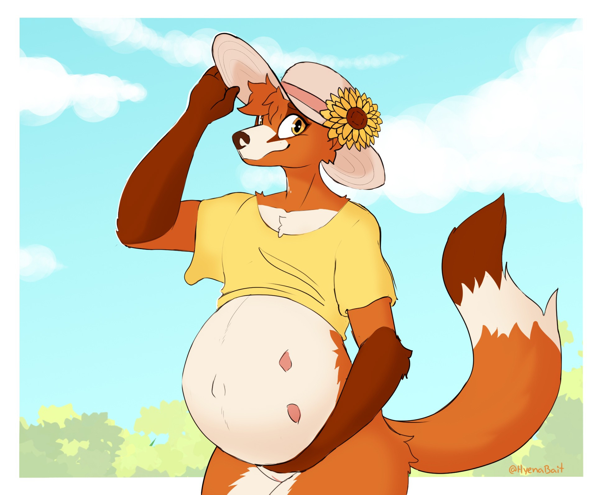 Anthro fox wearing a sunhat with a sunflower on it who is visibly pregnant