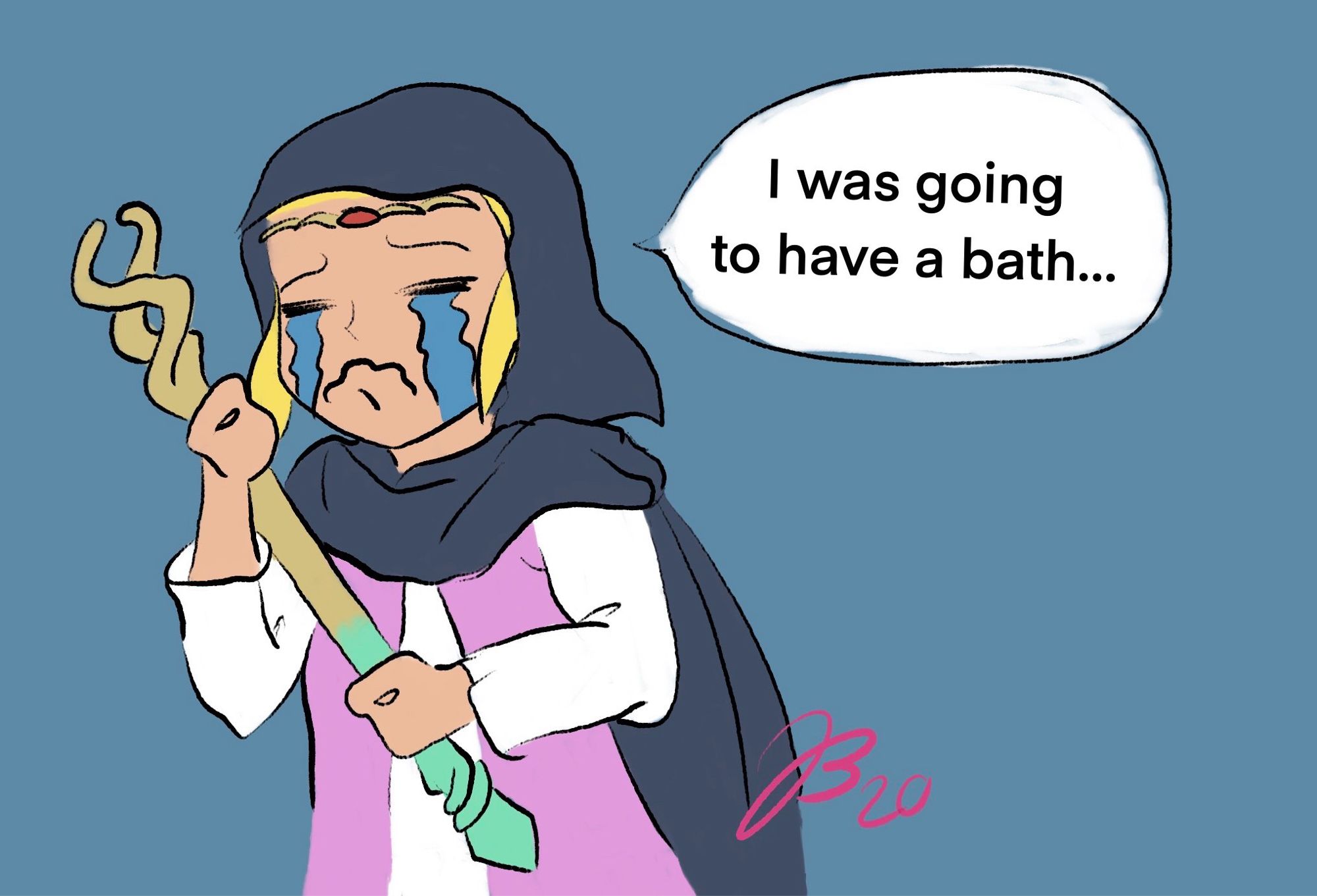 Princess Zelda holding her rod and crying while thinking about having a bath