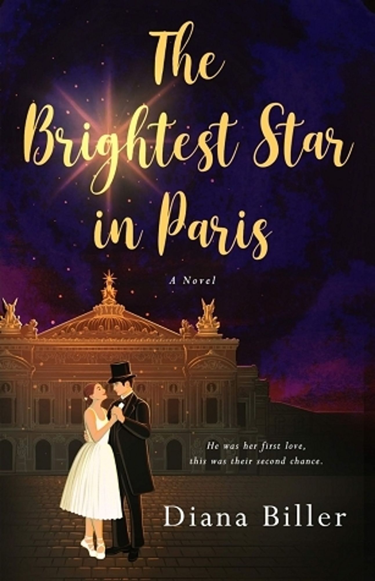 Book cover for The Brightest Star in Paris by Diana Biller - an illustrated cartoon cover, a couple are in a slow dance stance - waltz or another dance, standing in front of an ornate building that appears gold (probably Palais Garnier?) set against the night sky; title in gold script across the top, the couple have light skin tone, little detailed features but the image is quite small, the man is in a black suit with top hat, the woman who is a little shorter is in a white dress to mid calf and ballet shoes (likely a period ballot costume), author name in white on the bottom