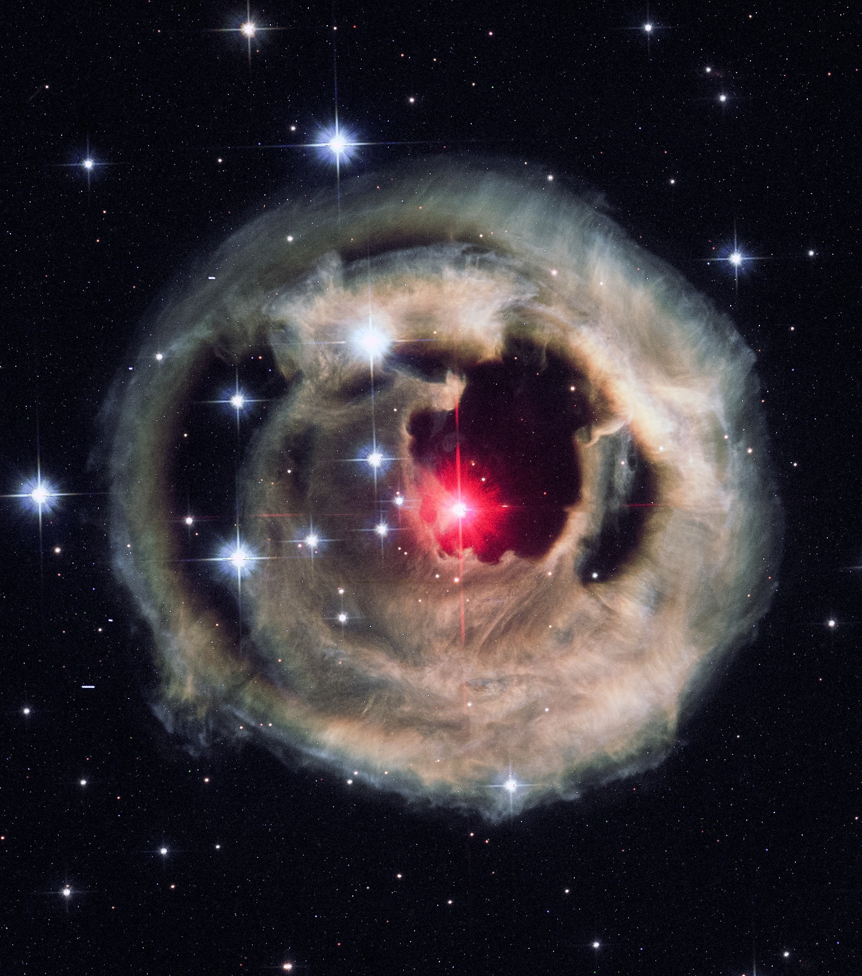 A red star of a binary star system surrounded by a shell of nebulosity. 

NASA/ESA/Hubble Team/Kevin M. Gill