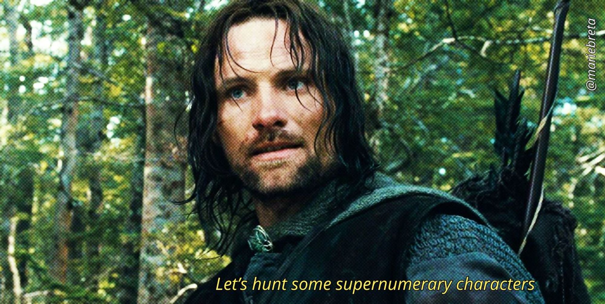 A still of The Fellowship of the Ring featuring Aragorn, with the subtitle "Let's hunt some supernumerary characters" in yellow italics.