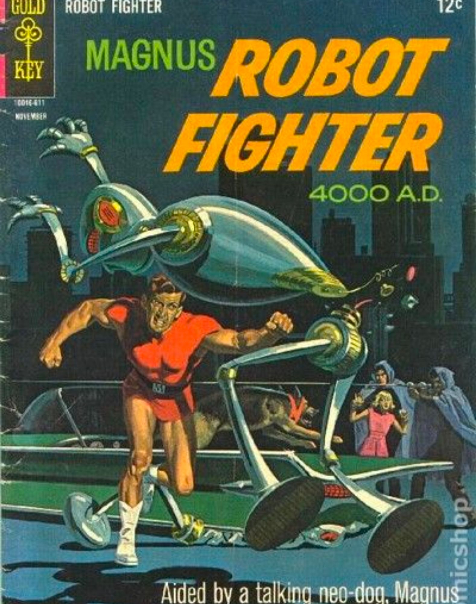 The cover of a comic book Magnus Robot Fighter depicting Magnus punching a robot in the dick so hard it is breaking in half 