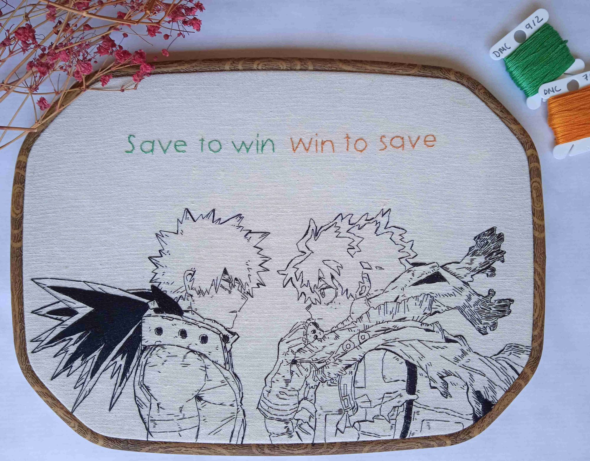 Embroidery hoop of Bakugo Katsuki and Midoroya Izuki, from My hero academia, with the quote Save to win, win to save