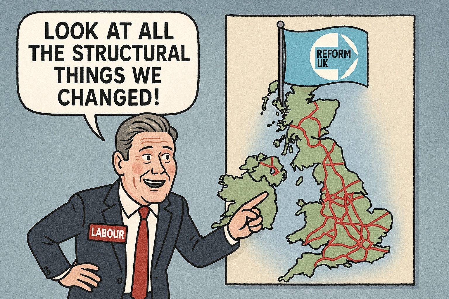 A cartoon of the British Prime Minister Keir Starmer, pointing to the UK saying 'Look at all the structural things we changed' whilst a Reform Party flag flies over the country
