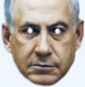 The image depicts a lifelike rubber mask
of Benjamin Netanyahu 