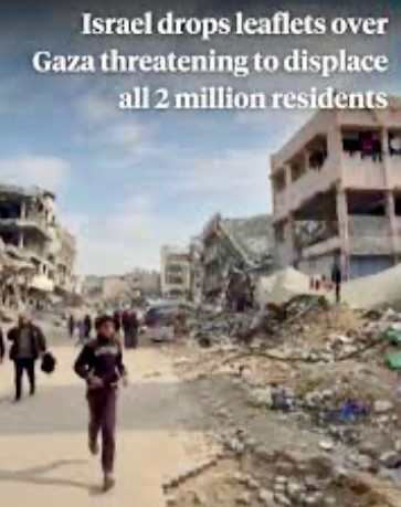 The image is an internet lede that reads:
Israel drops leaflets over Gaza threatening 
to displace all 2 million residents
